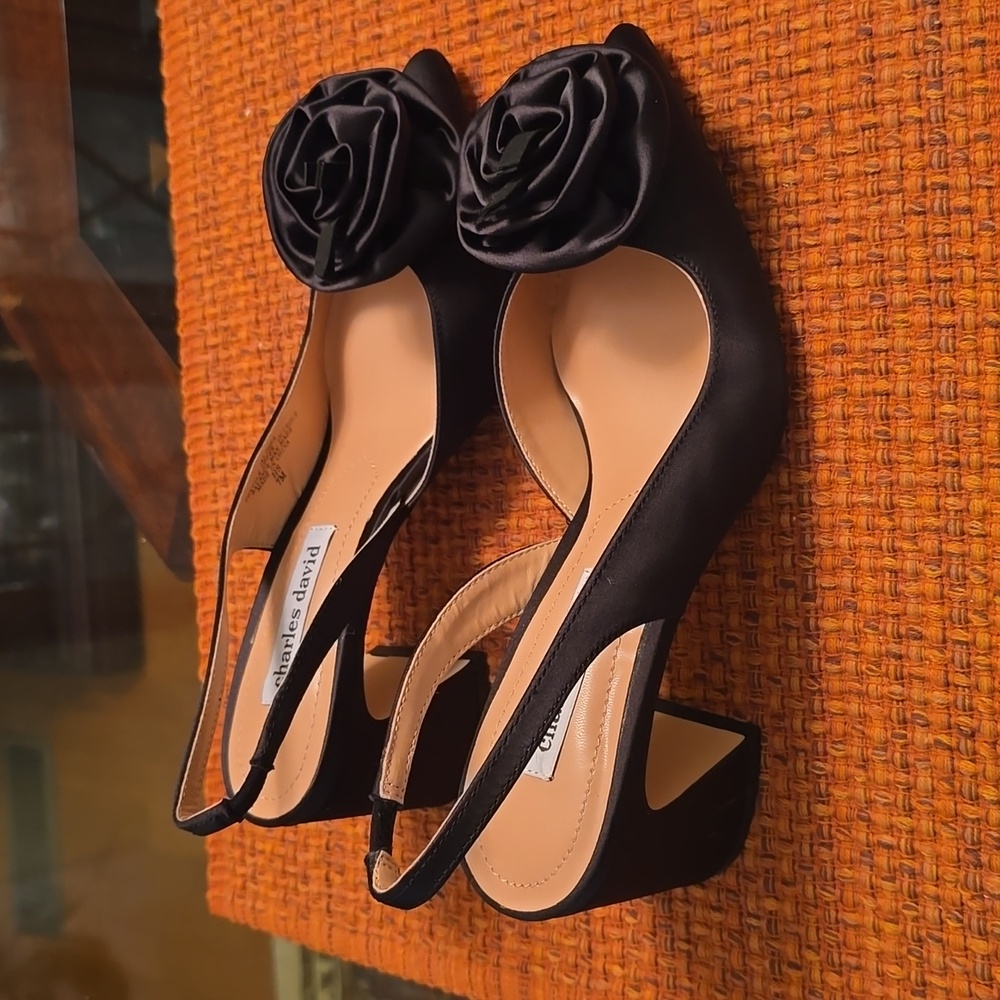 CHARLES DAVID BRAND WOMEN'S BLACK "SATIN" SLING BACK HEELS DRESS SHOES SIZE 7